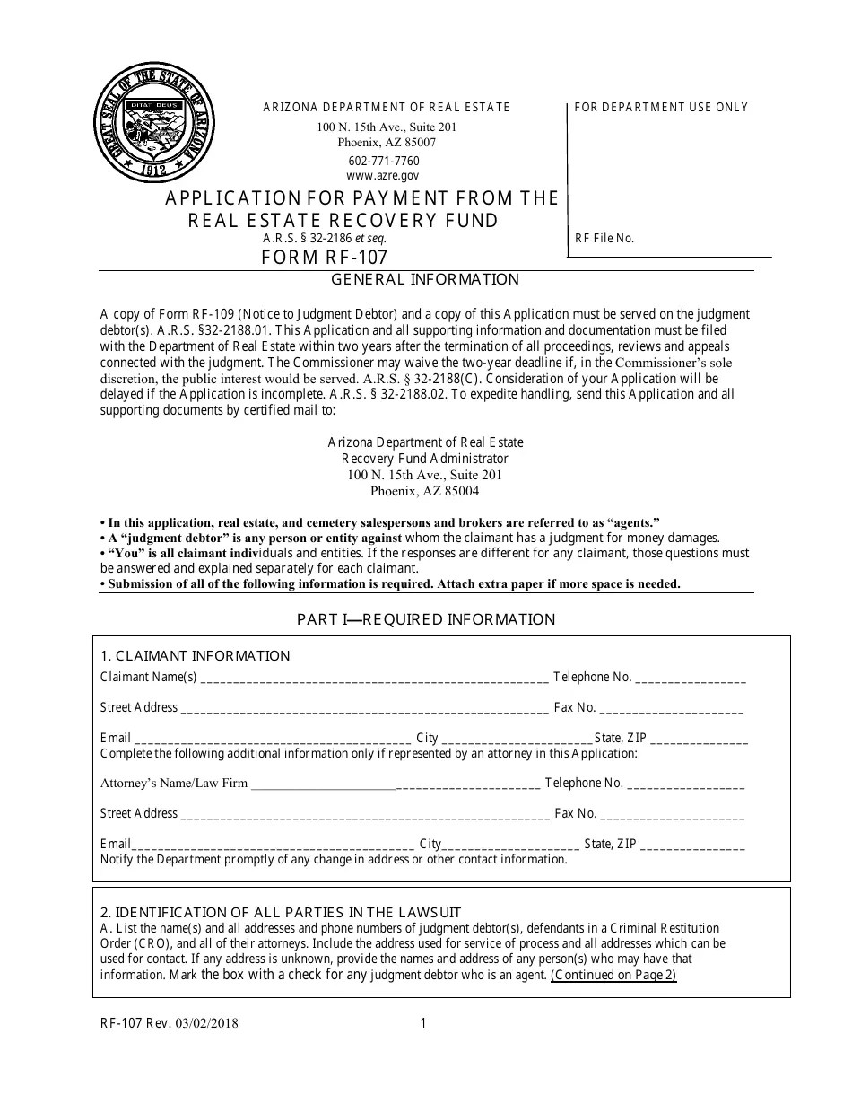 Form RF107 Fill Out, Sign Online and Download Fillable PDF, Arizona Templateroller