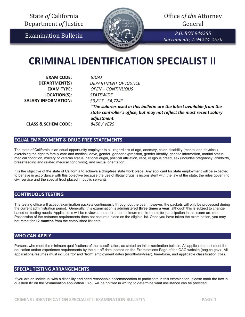 California Criminal Identification Specialist II Examination Bulletin
