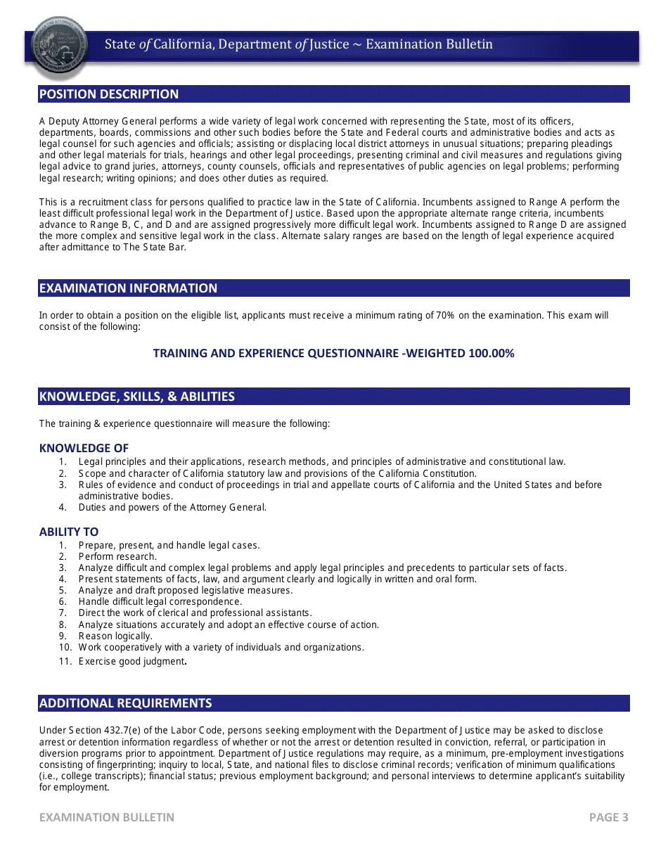 California Deputy Attorney General Examination Bulletin Fill Out