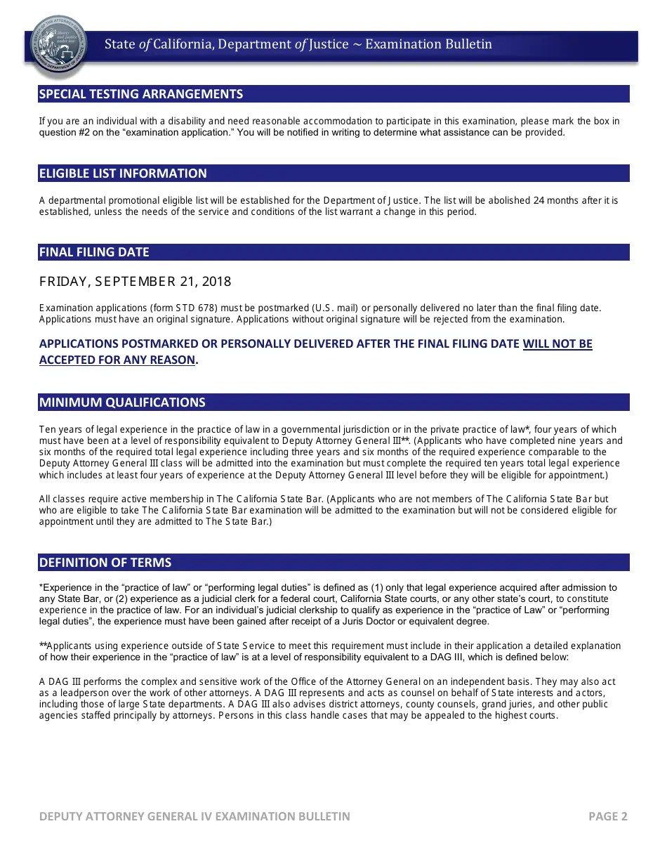 California Deputy Attorney General IV Examination Bulletin Fill Out