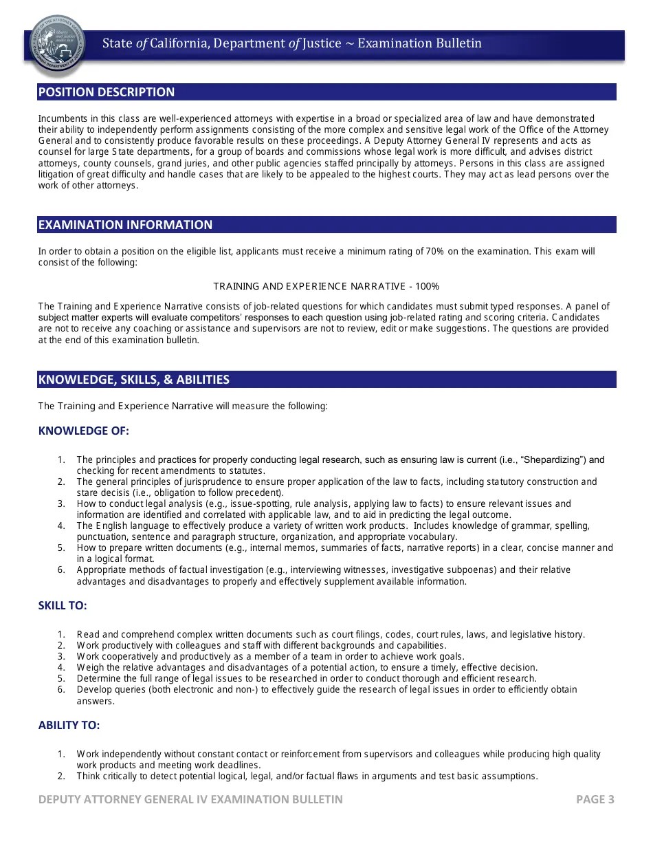 California Deputy Attorney General IV Examination Bulletin Fill Out