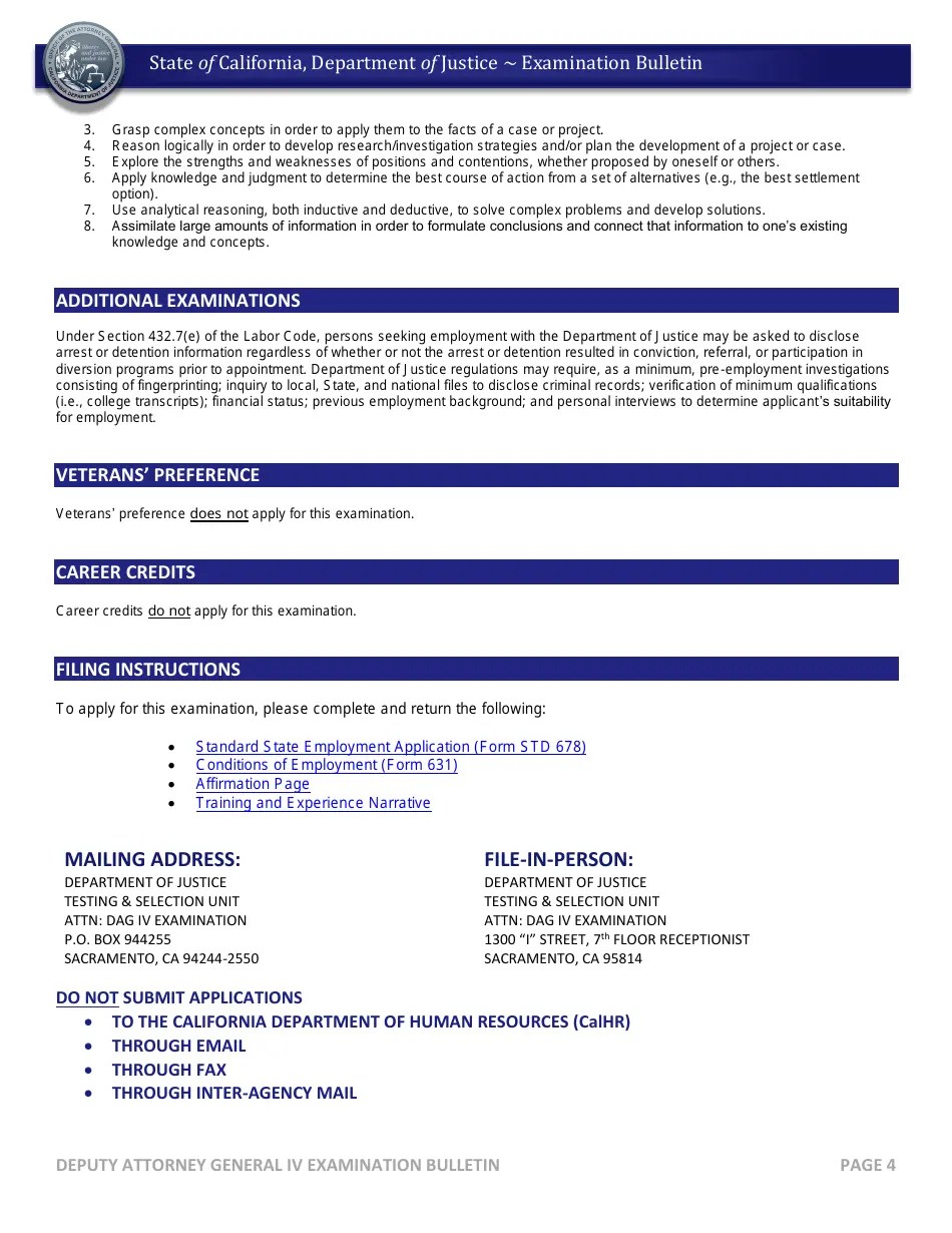 California Deputy Attorney General IV Examination Bulletin Fill Out