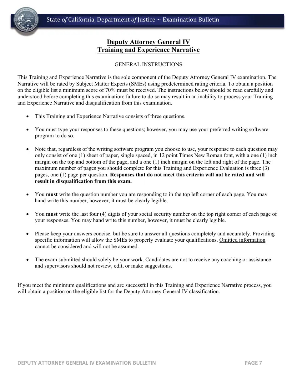 California Deputy Attorney General IV Examination Bulletin Fill Out