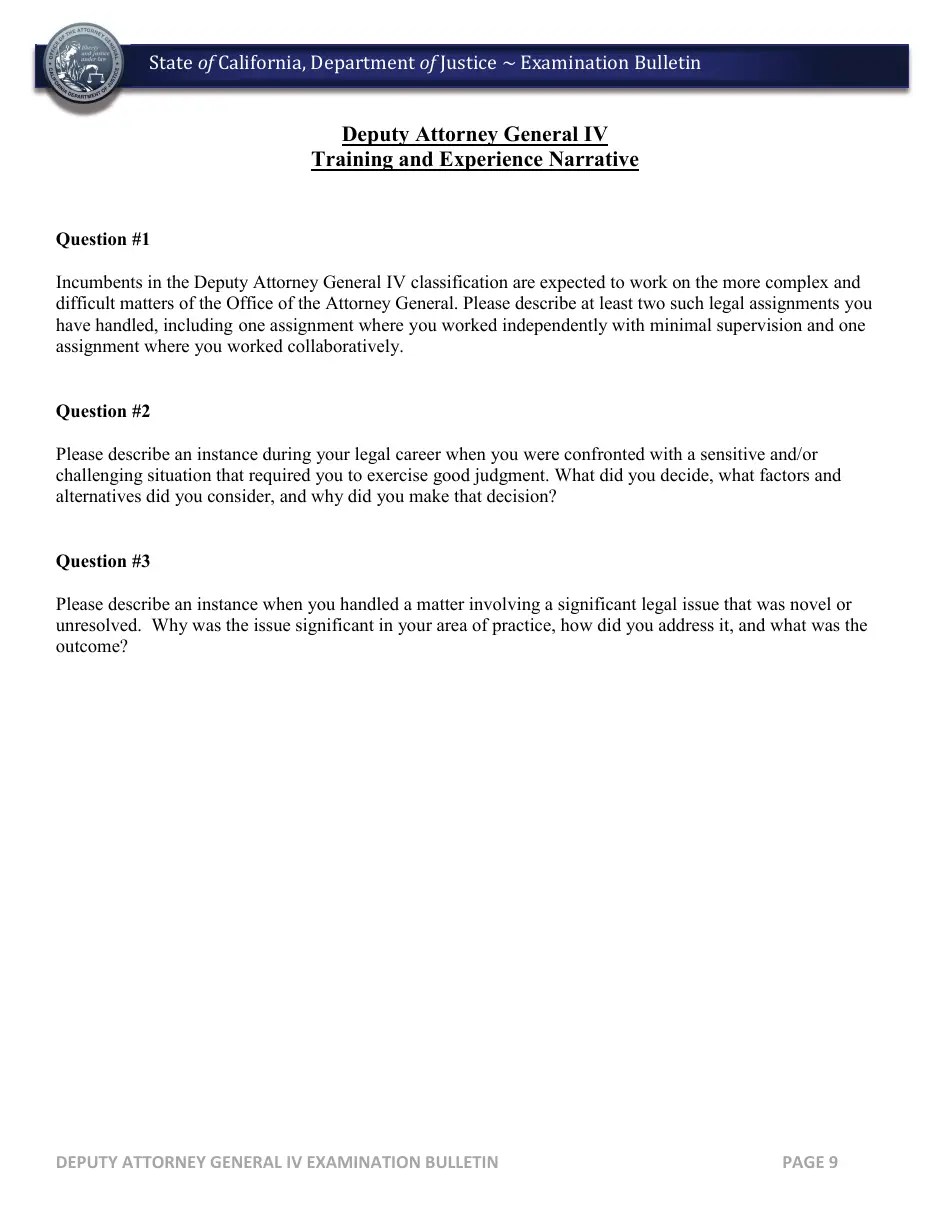 California Deputy Attorney General IV Examination Bulletin Fill Out