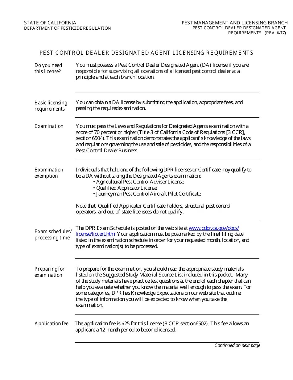 California Pest Control Dealer Designated Agent License Packet Fill