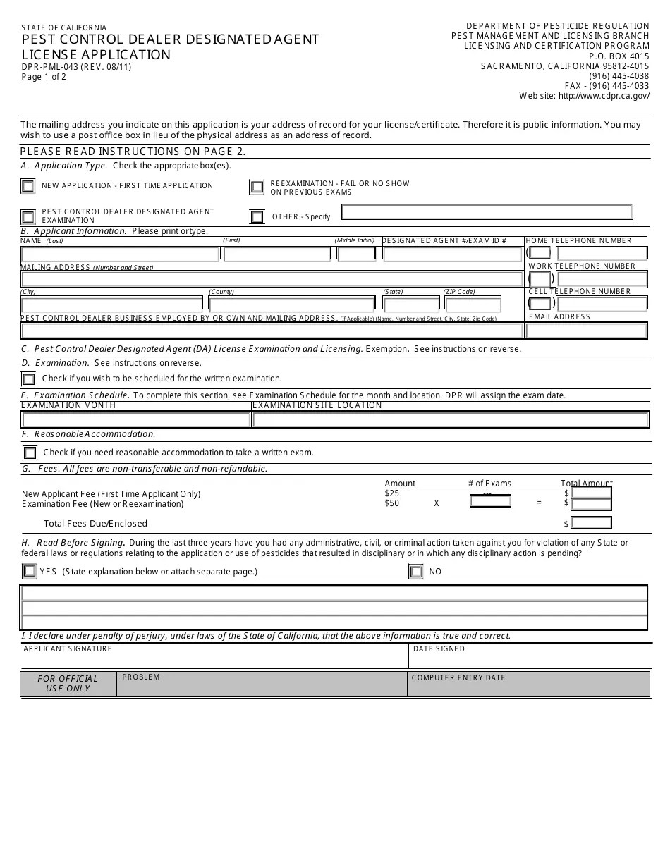 California Pest Control Dealer Designated Agent License Packet Fill