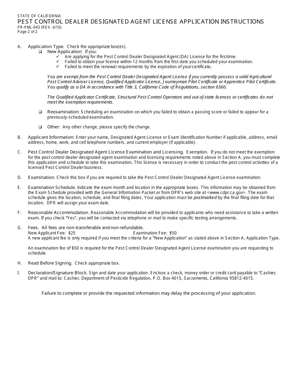 California Pest Control Dealer Designated Agent License Packet Fill