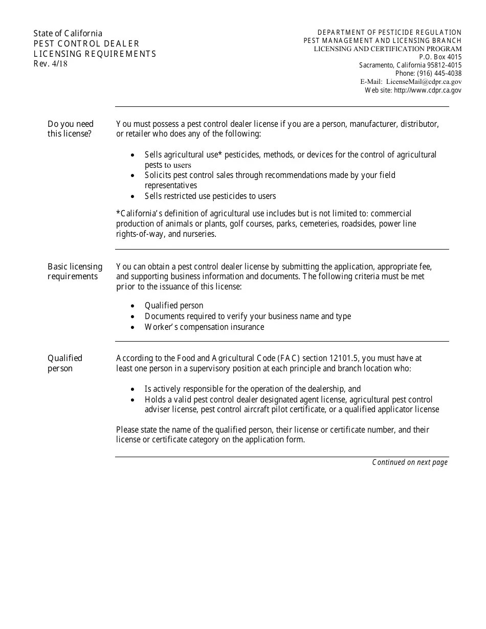 California Pest Control Dealer Business License Packet Fill Out, Sign