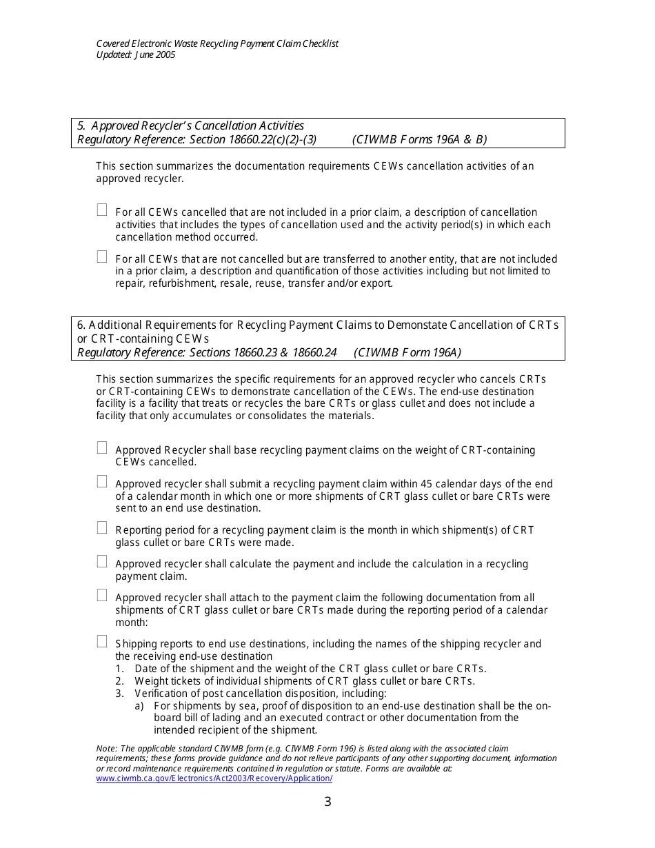 California Covered Electronic Waste Recycling Payment Claim Checklist