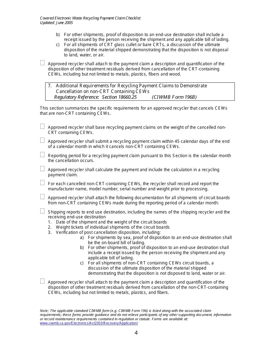 California Covered Electronic Waste Recycling Payment Claim Checklist