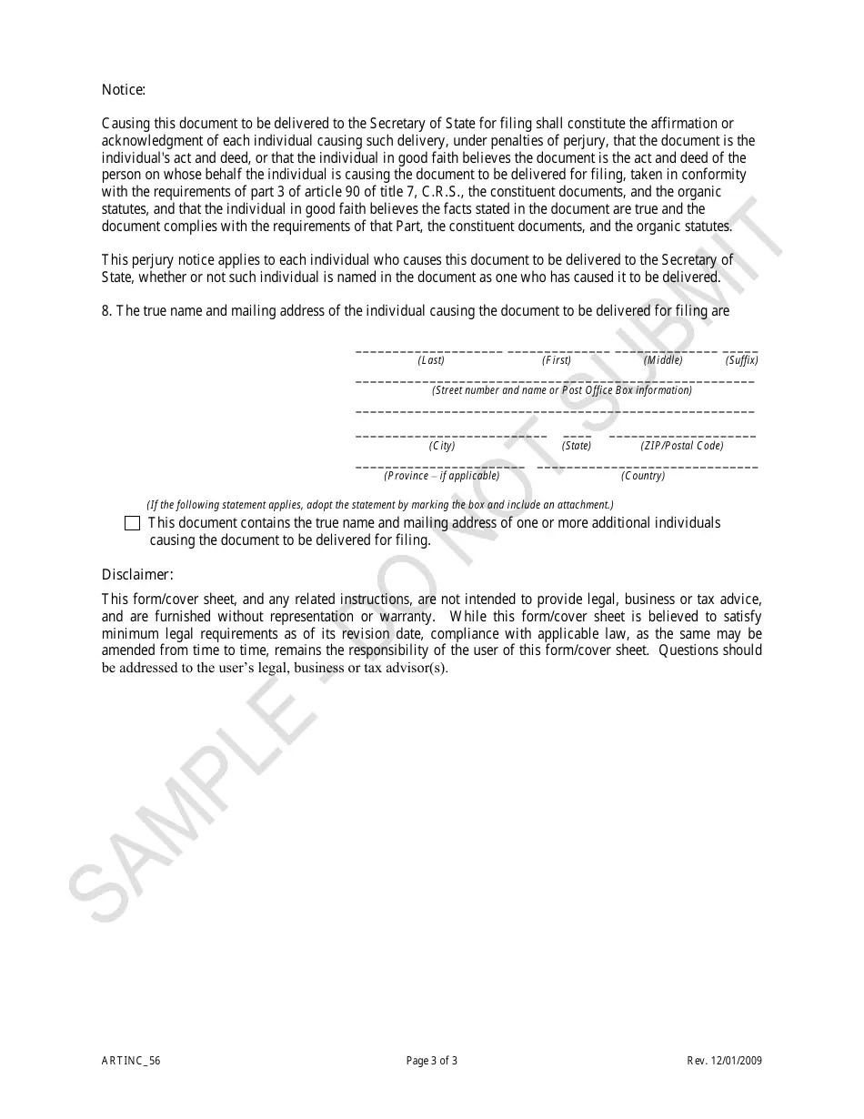 Colorado Articles of Incorporation for a Cooperative Article 56