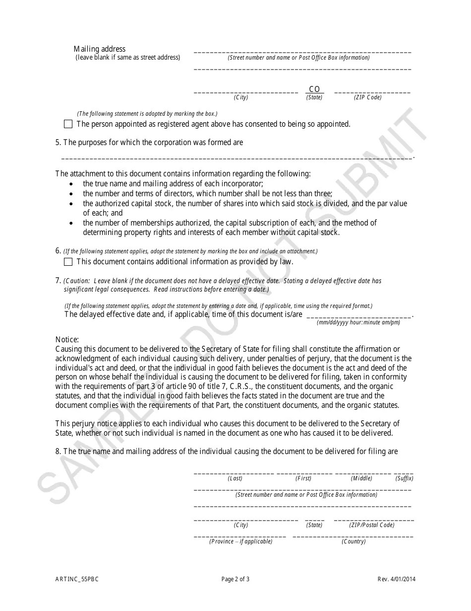 Colorado Articles of Incorporation for a Cooperative Association