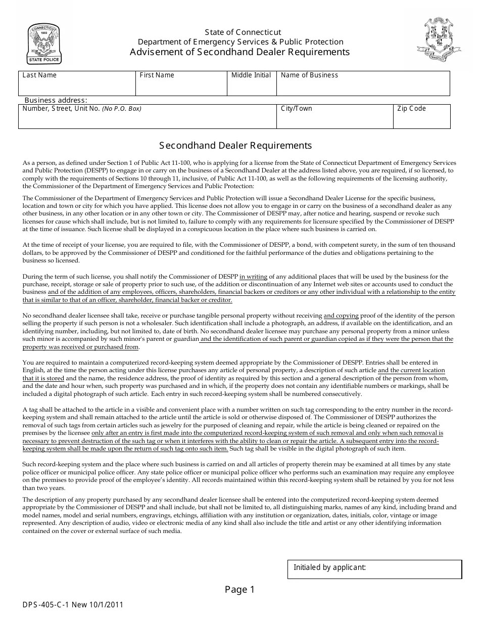 Form DPS405C1 Fill Out, Sign Online and Download Printable PDF