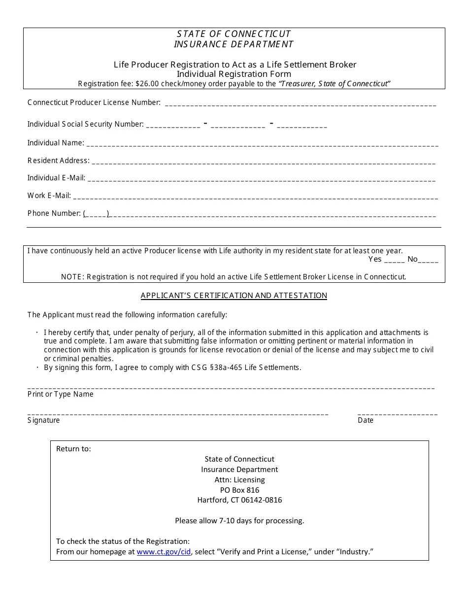 Connecticut Life Producer Registration to Act as a Life Settlement