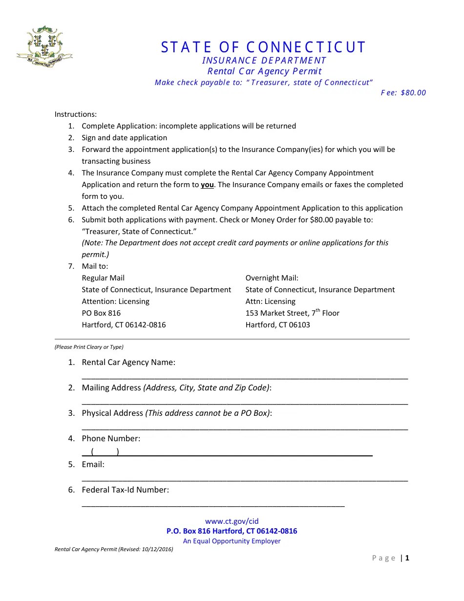 Connecticut Rental Car Agency Permit Application Form Fill Out, Sign