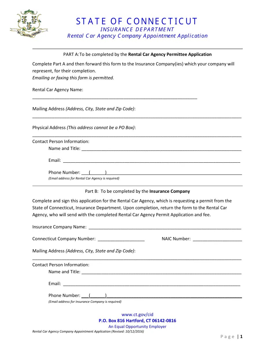 Connecticut Rental Car Agency Company Appointment Application Form