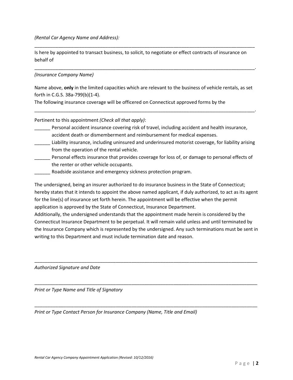 Connecticut Rental Car Agency Company Appointment Application Form