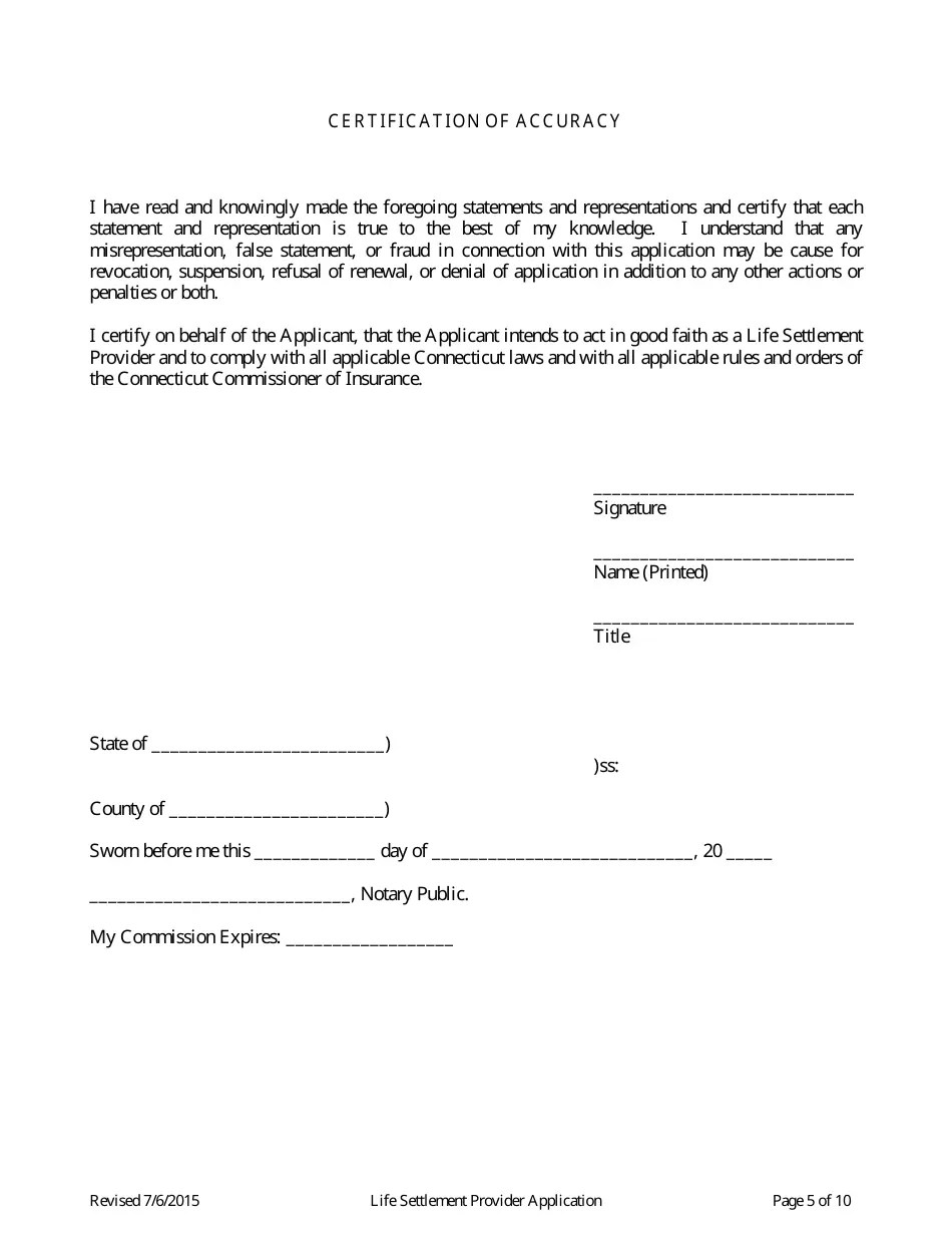 Connecticut Application for Life Settlement Provider License Fill Out