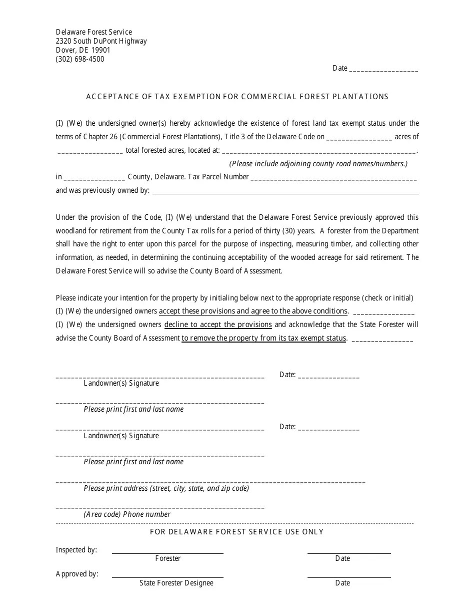 Delaware Acceptance of Tax Exemption for Commercial Forest Plantations