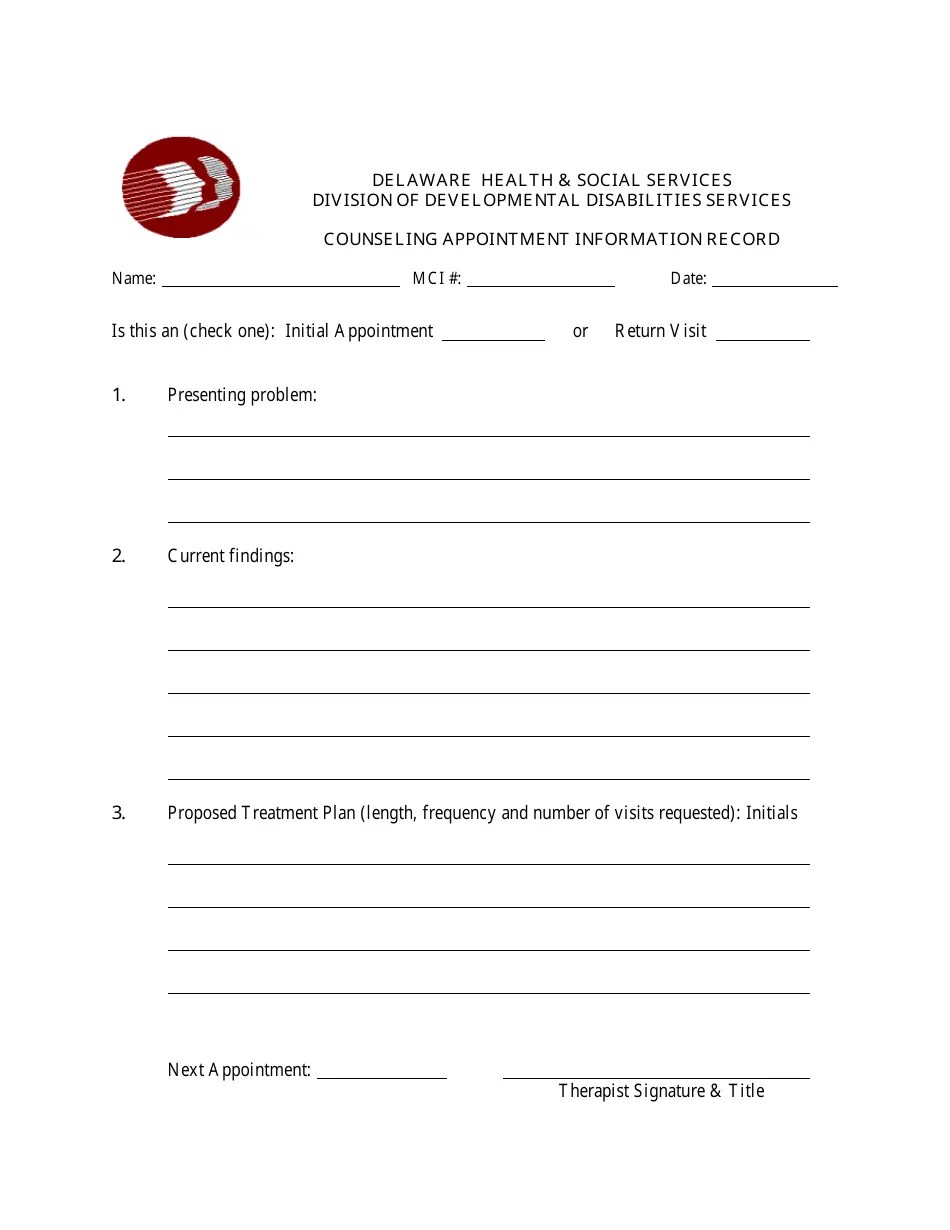 Delaware Counseling Appointment Information Record Form Fill Out