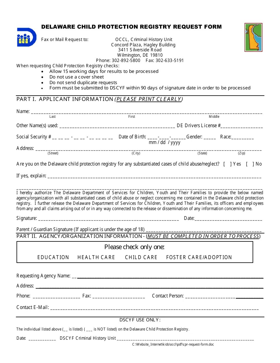 Delaware Delaware Child Protection Registry Request Form Fill Out