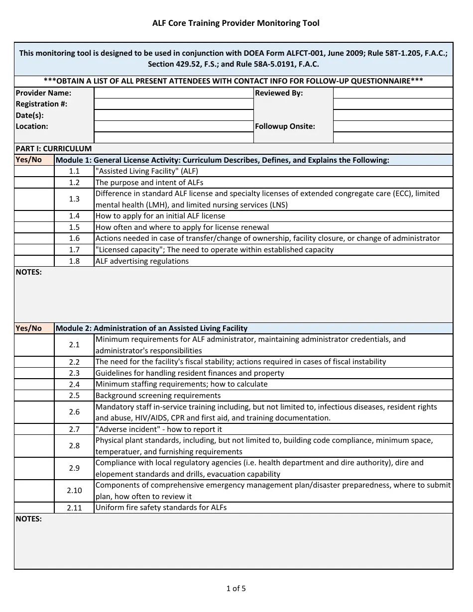 Florida Alf Core Training Provider Monitoring Tool Fill Out, Sign