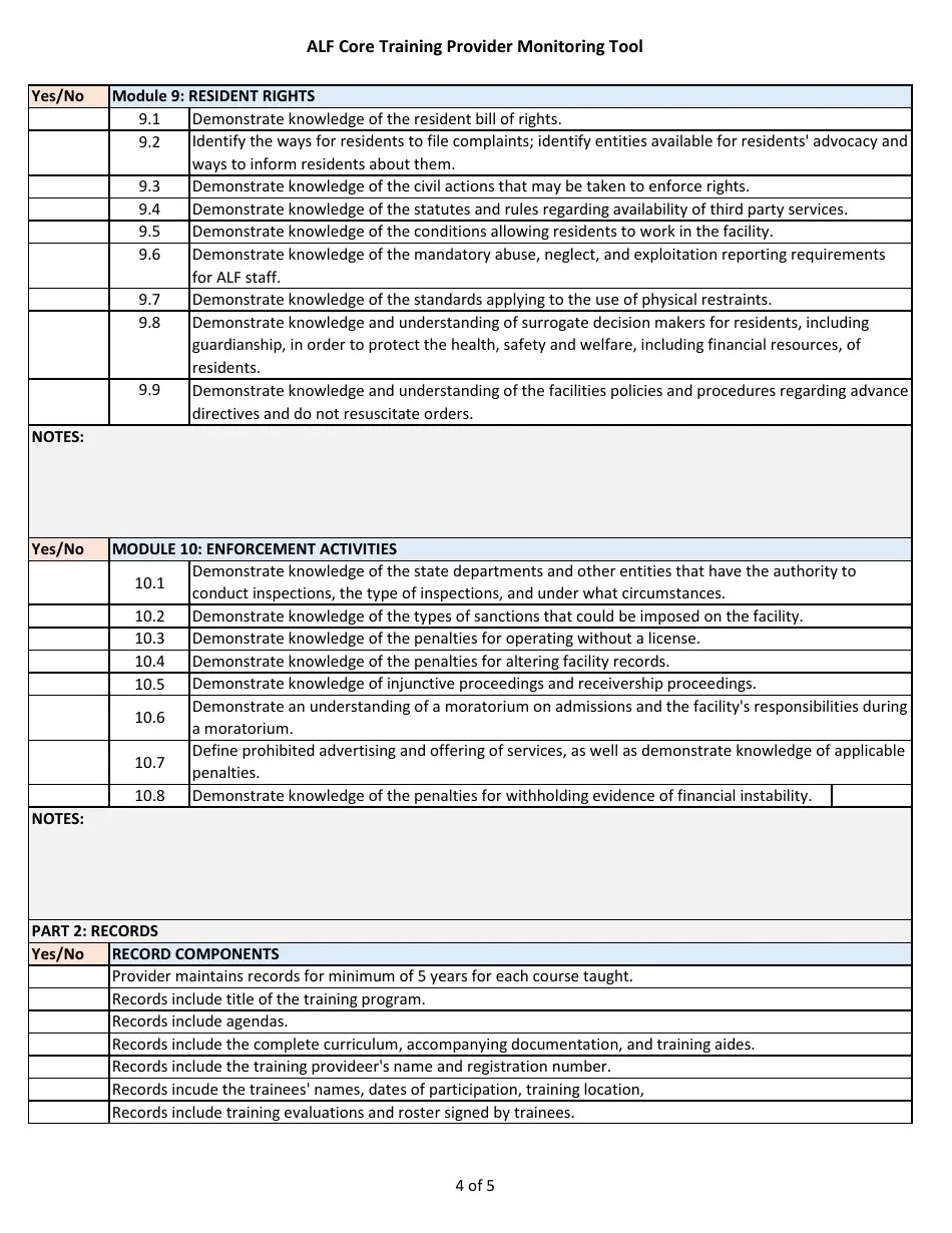 Florida Alf Core Training Provider Monitoring Tool Fill Out, Sign