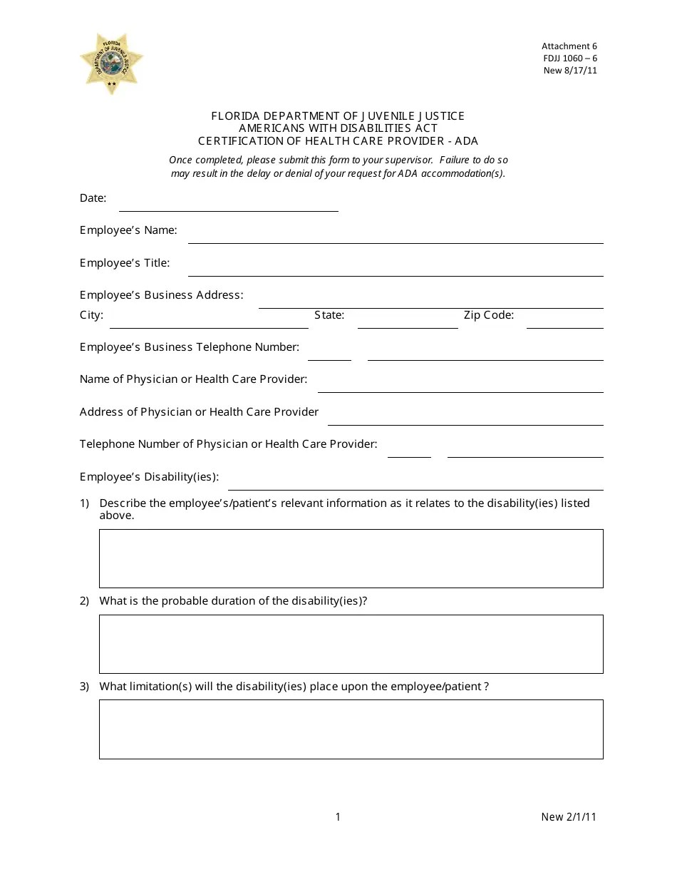 Florida Certification of Health Care Provider Ada Fill Out, Sign