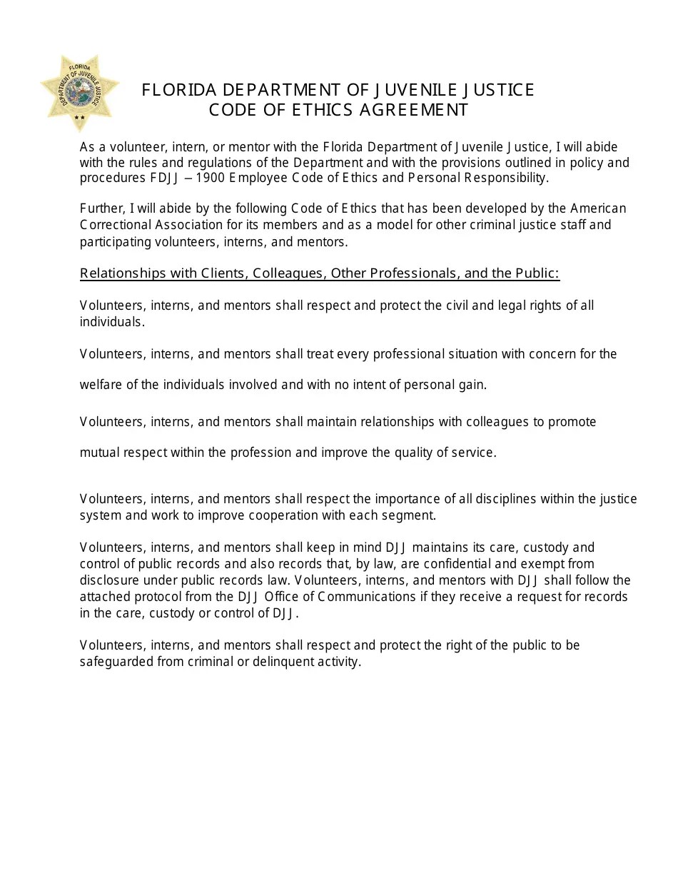 Florida Code of Ethics Agreement Form Fill Out, Sign Online and