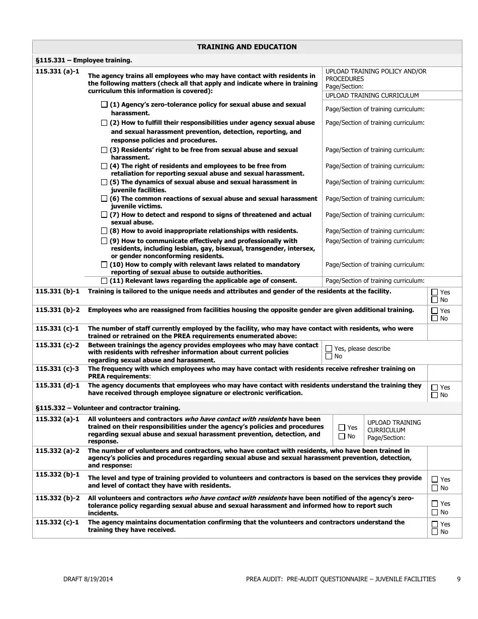 Florida Prea Audit Preaudit Questionnaire Form Juvenile Facilities Fill Out, Sign Online
