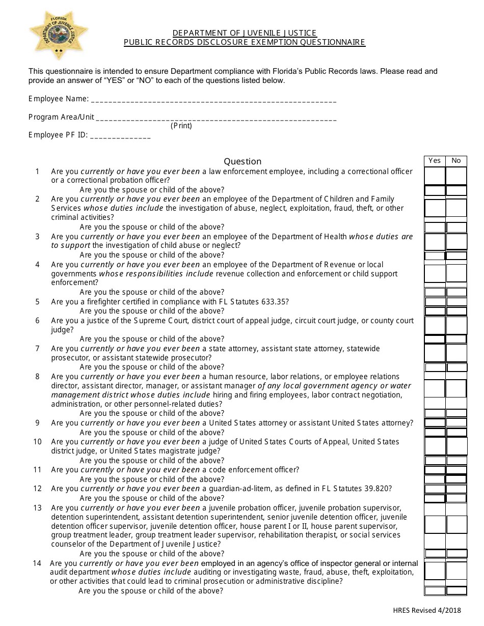 Florida Public Records Disclosure Exemption Questionnaire Form Fill