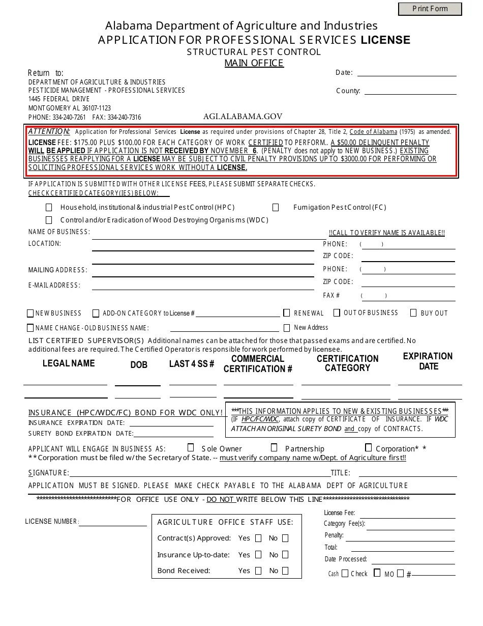 Alabama Application for Professional Services License Structural Pest