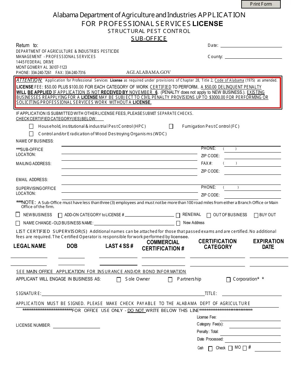 Alabama Application for Professional Services License Fill Out, Sign Online and Download PDF