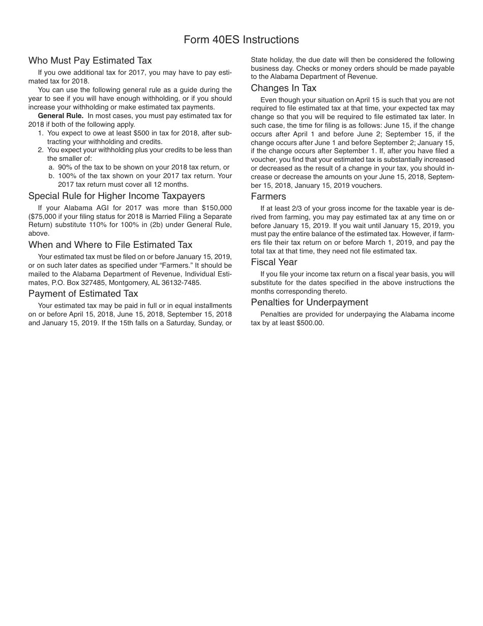 Form 40ES Download Printable PDF or Fill Online Individual Estimated