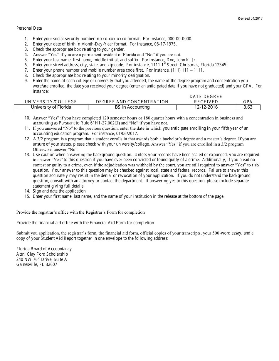 Florida Clay Ford Scholarship for 5th Year Accounting Students