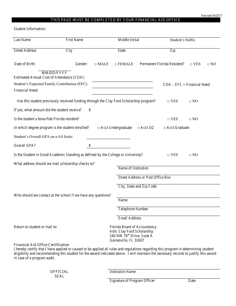 Florida Clay Ford Scholarship for 5th Year Accounting Students