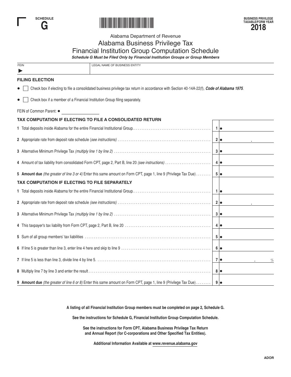 2018 Alabama Alabama Business Privilege Tax Financial Institution Group
