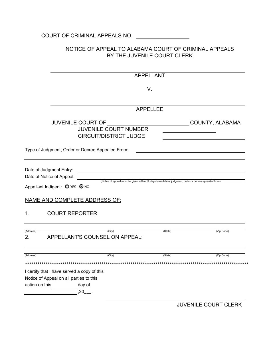 Alabama Notice of Appeal to Alabama Court of Criminal Appeals by the Juvenile Court Clerk Fill