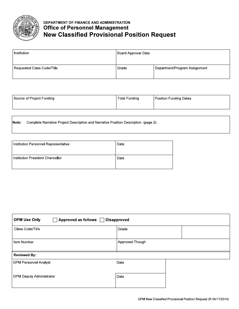 Arkansas New Classified Provisional Position Request Fill Out, Sign