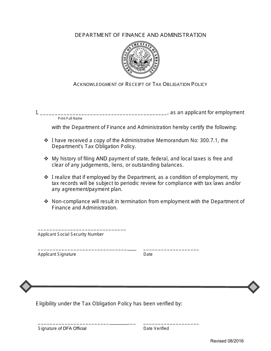 Arkansas Acknowledgment of Receipt of Tax Obligation Policy Fill Out