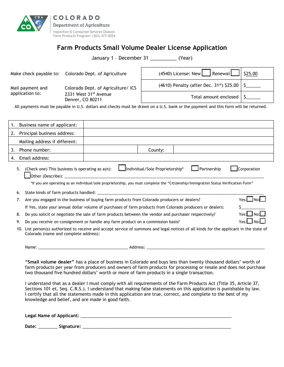 Colorado Farm Products Small Volume Dealer License Application Download