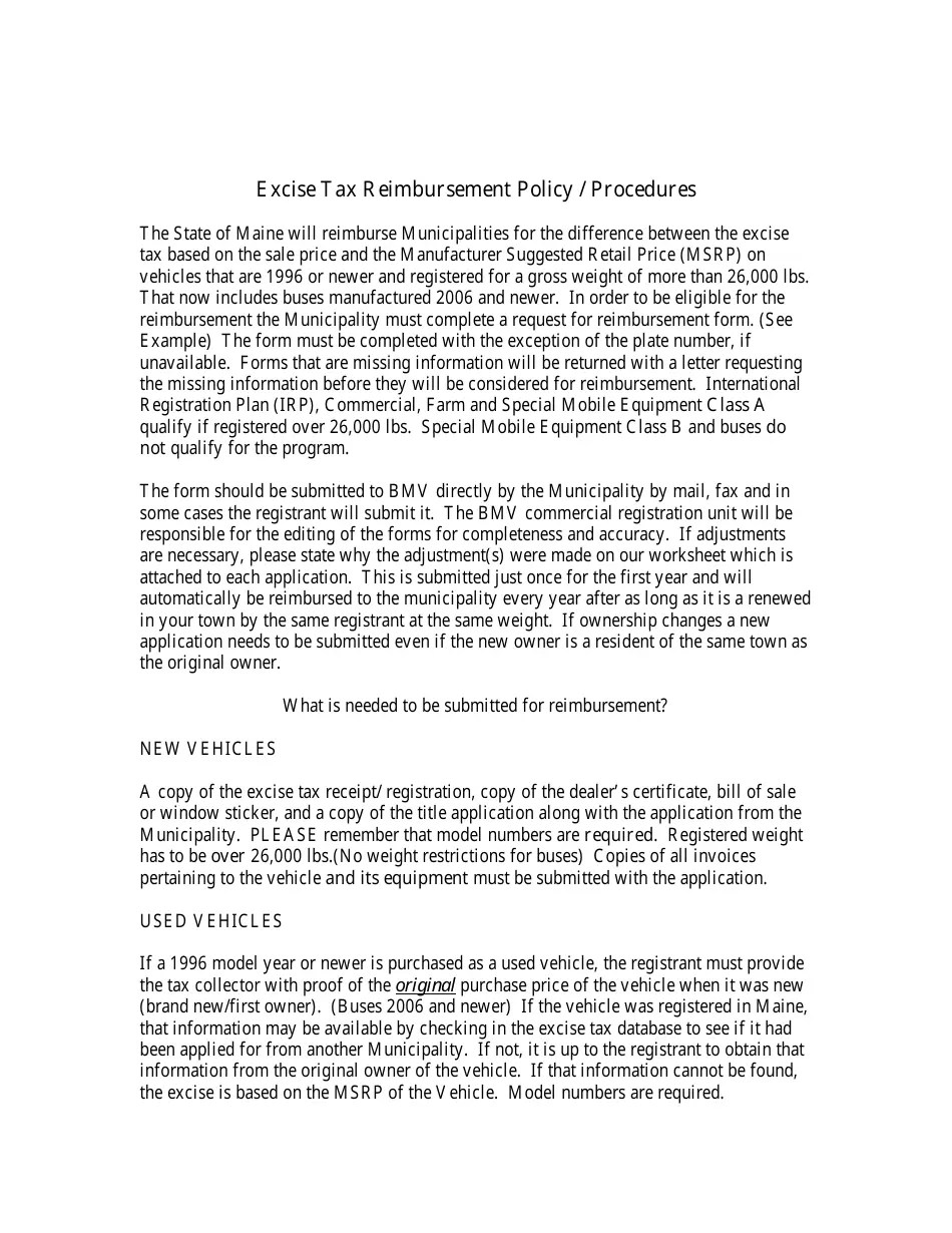 Maine Application for Excise Tax Reimbursement Fill Out, Sign Online