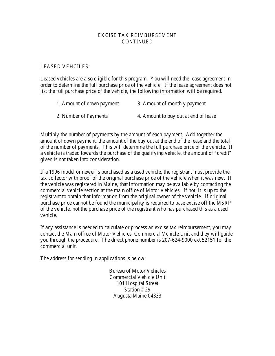 Maine Application for Excise Tax Reimbursement Fill Out, Sign Online