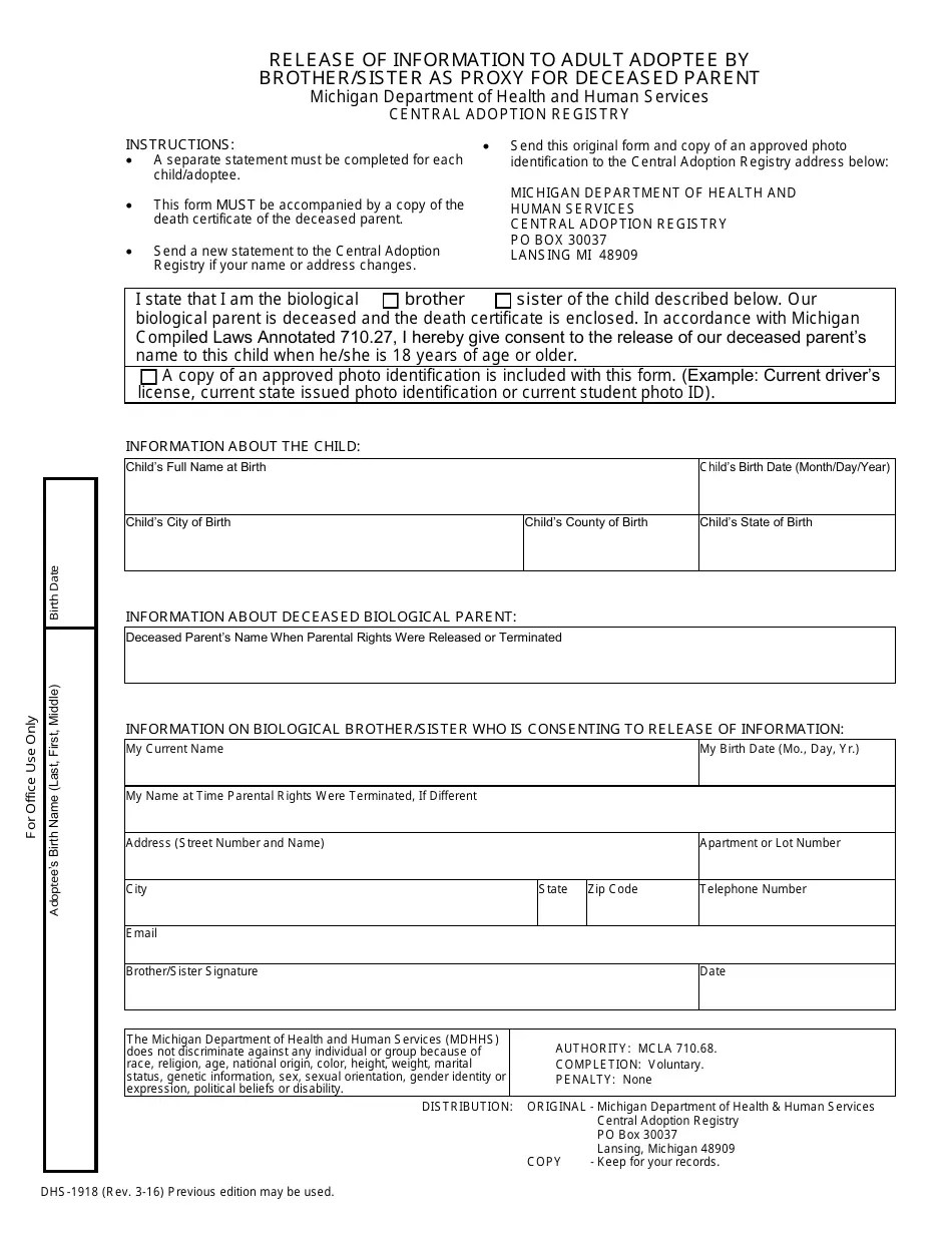 Form DHS1918 Fill Out, Sign Online and Download Fillable PDF, Michigan Templateroller