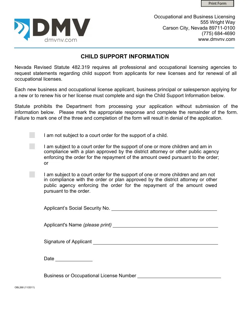 Form OBL268 Fill Out, Sign Online and Download Fillable PDF, Nevada