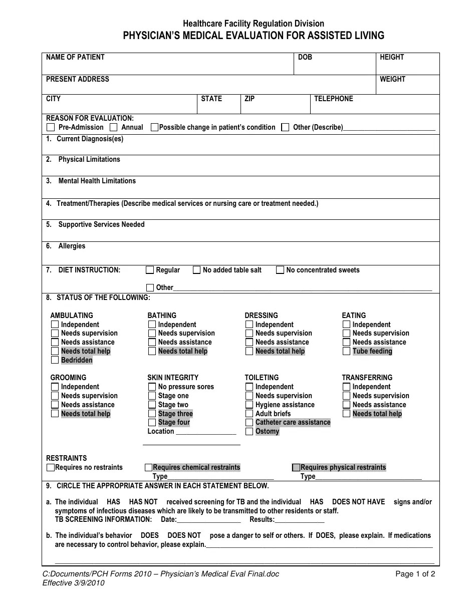 (United States) Physician's Medical Evaluation for Assisted
