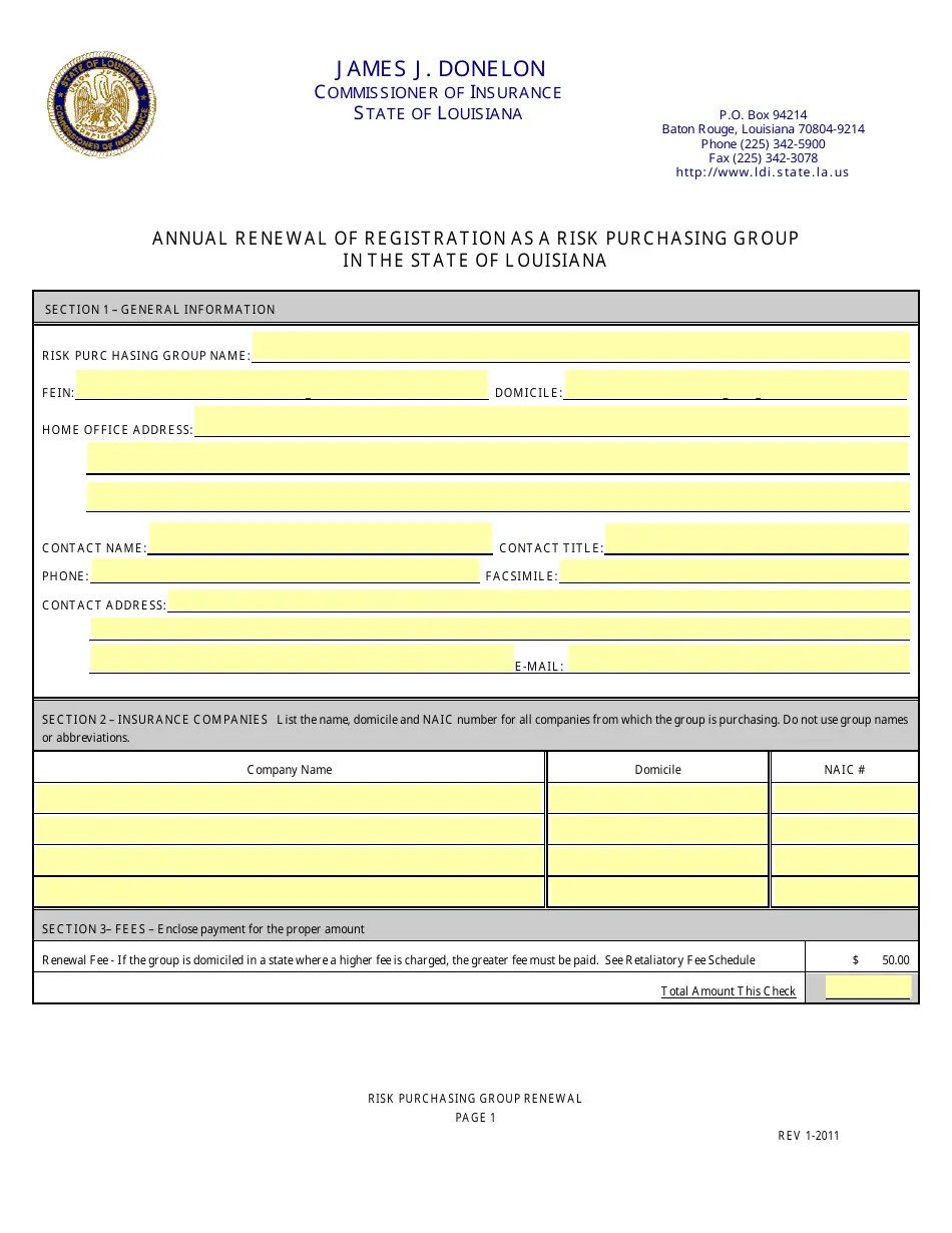 Louisiana Annual Renewal of Registration as a Risk Purchasing Group in