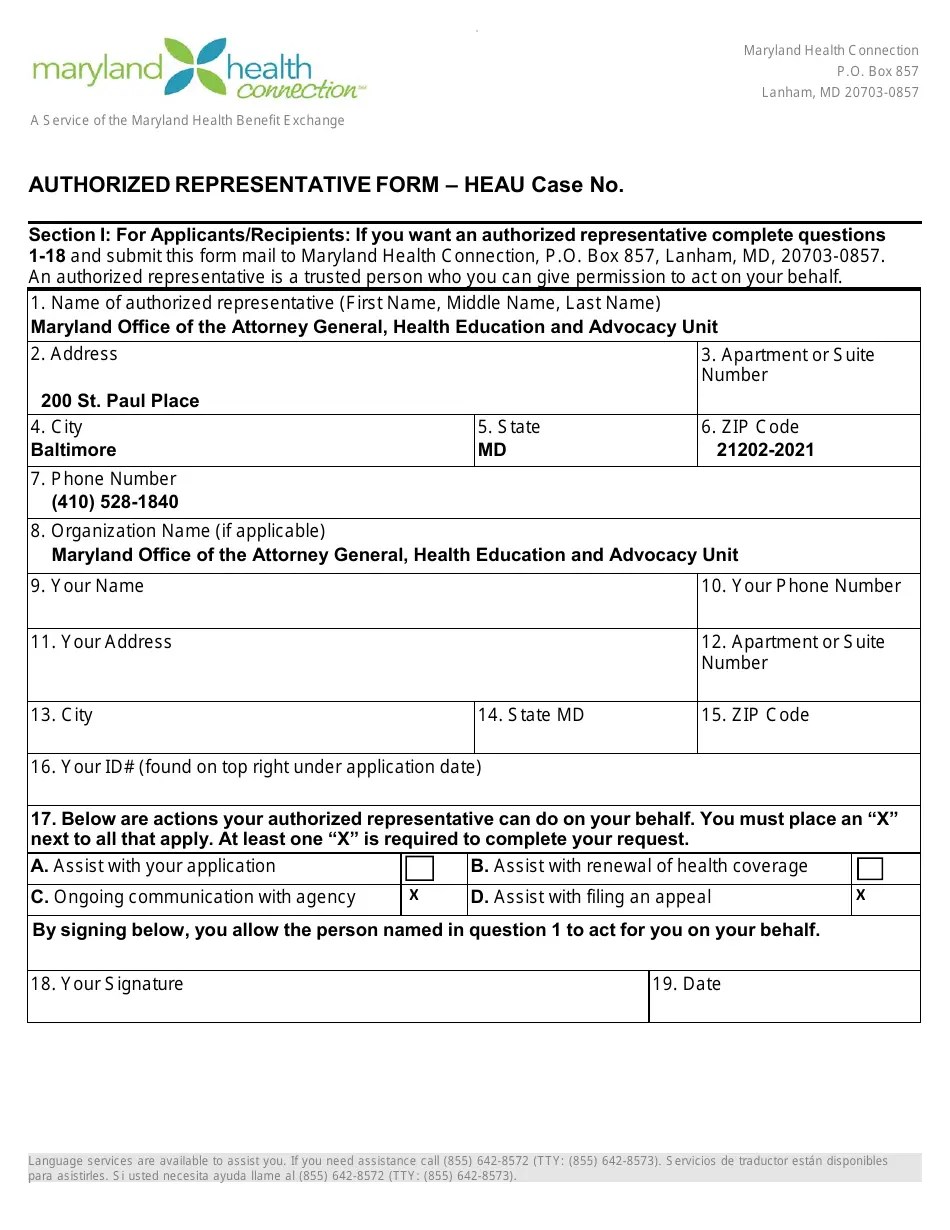 Maryland Authorized Representative Form Heau Fill Out, Sign Online