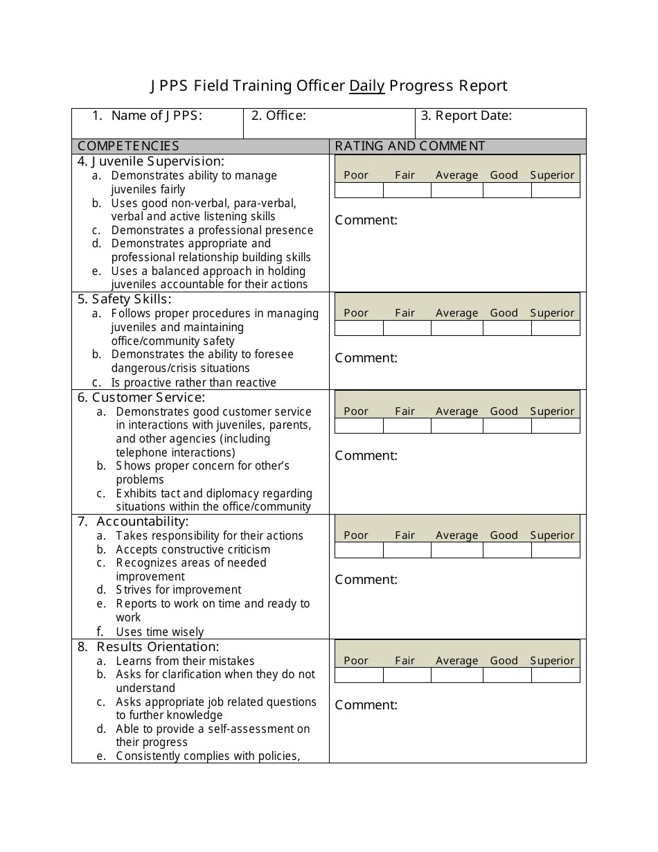 (United States) Jpps Field Training Officer Daily Progress Report Form Fill Out, Sign