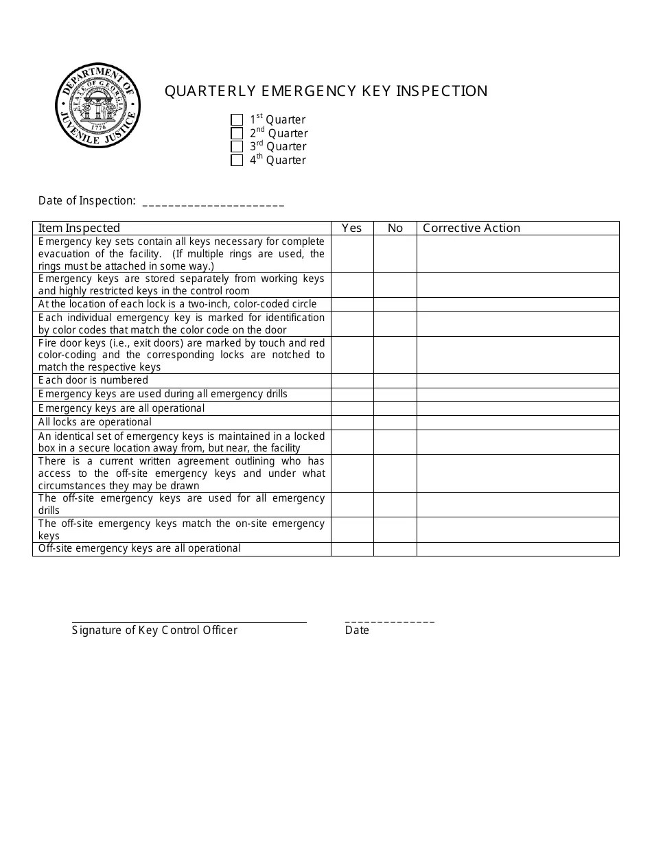 (United States) Quarterly Emergency Key Inspection Form Fill